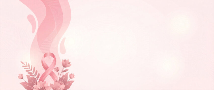 Minimal pink awareness ribbon with floral silhouettes on a soft abstract banner. Modern Breast Cancer Awareness Month background with copy space.