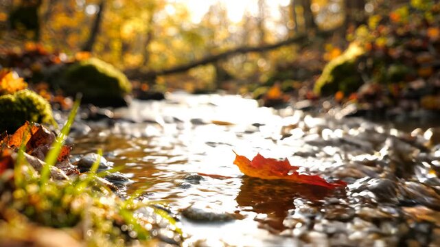 Vibrant maple leaf floating on a gentle forest stream in autumn golden hour light