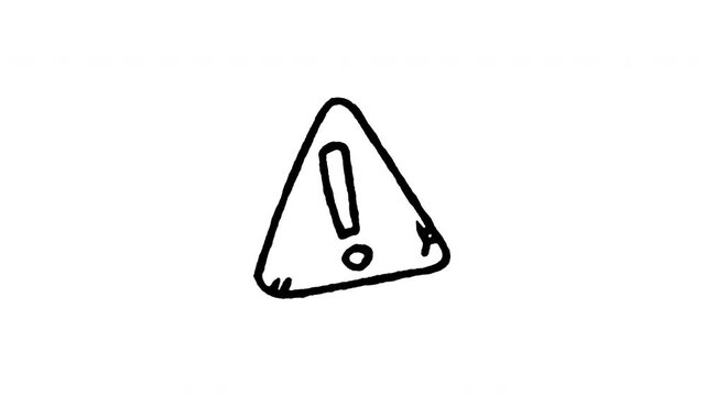4K animated general hazard warning doodle icon. Frame by frame line art on black and green screen chroma key background for caution alert, emergency triangle, danger symbol, and auto dashboard.