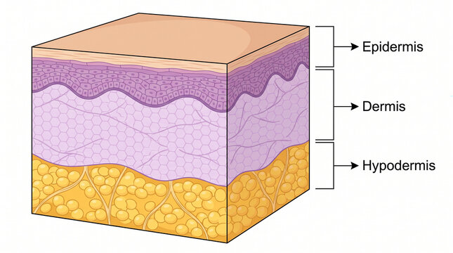 Three dimensional sectional view of human skin layers epidermis dermis