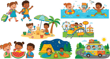 Fototapeta premium Kids Summer Vacation Vector Set with Beach, Swimming Pool, Amusement Park, Camping, and Road Trip Activities for Children Designs