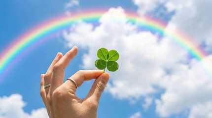 Obraz premium Hand holding green four leaf clover against rainbow sky.