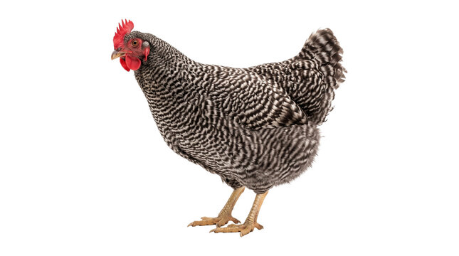 Studio shot of barred rock chicken with black and white feathers isolated on transparent background png.