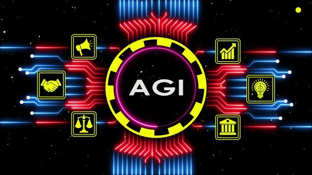 Artificial general intelligence agi text on a digital circuit board background motion graphic.