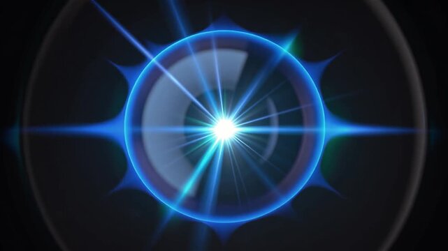 Abstract circular light motion effect glowing blue rays rotating against dark background.
