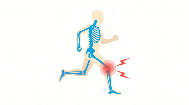 Anatomical diagram of human skeleton with knee joint pain while running