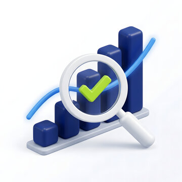 Magnifying glass inspecting blue bar charts with a green checkmark symbol representing professional financial data analysis and successful business growth results