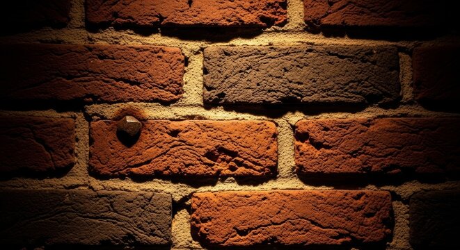 Vintage brick wall architectural study with dramatic lighting highlighting textured masonry and rusted iron nail