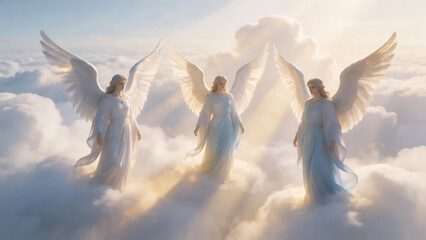 Naklejka premium Three angels in the clouds
