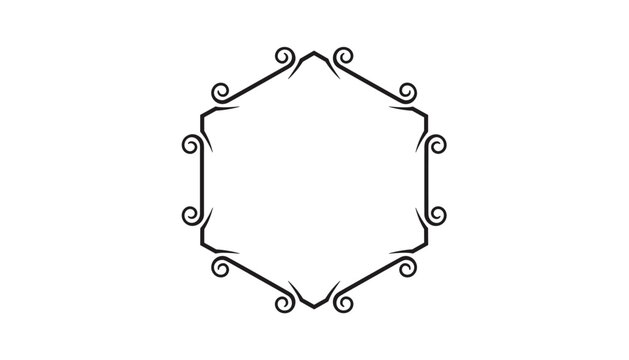 Elegant hexagonal vintage border design featuring decorative black scrollwork and swirls over a plain white background.