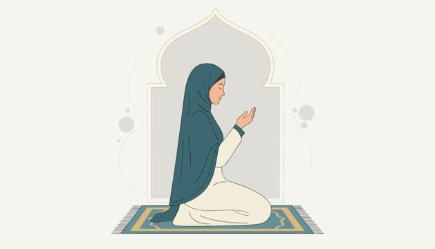 Graceful Muslim woman in a blue hijab kneeling in prayer on a traditional prayer rug inside a quiet mosque.