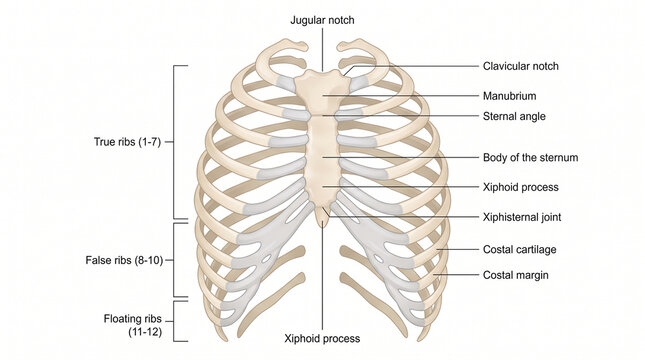 Human rib cage and thoracic skeleton anatomy diagram with skeleton, thoracic