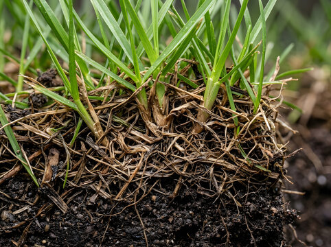 Cross section of lawn grass roots and soil | Healthy turf grass root system close up | Soil profile with green grass and thatch layer | Agricultural ground layer macro photography