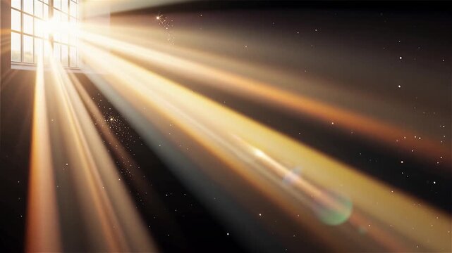 Abstract window light rays emerging from darkness with glittering particles cinematic motion.