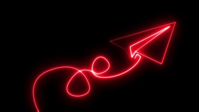 Glowing Neon Paper Airplane Flight Path Icon on Black Background 4K Animation. Neon Blue Airplane liner icon. Neon glowing travel dream concept .