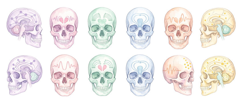 Human skull brain neural network illustration set displaying mental health medical anatomy icons on black background for neuroscience psychology tech concept vector artwork science collection diagram
