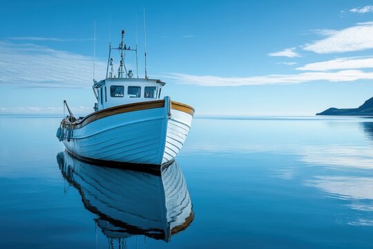 White fishing boat floating on calm blue water with reflection