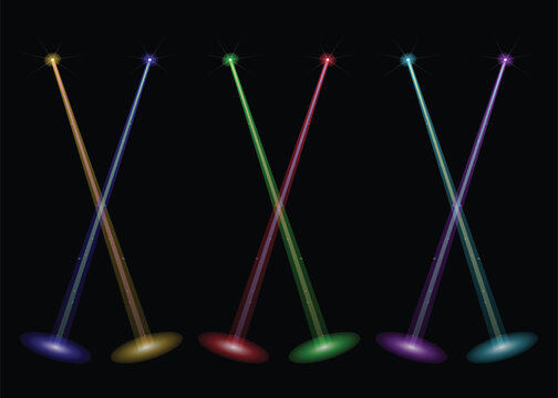 Colorful laser beams crossing each other on a dark black background for stage show lighting isolated on transparent background, Vector