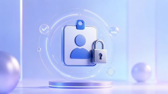 3D rendered identity badge with a padlock and digital biometric icons symbolizing personal data security privacy protection and cyber safety
