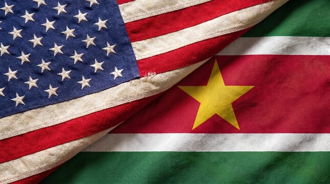 United States and Suriname two flags textile cloth, fabric texture