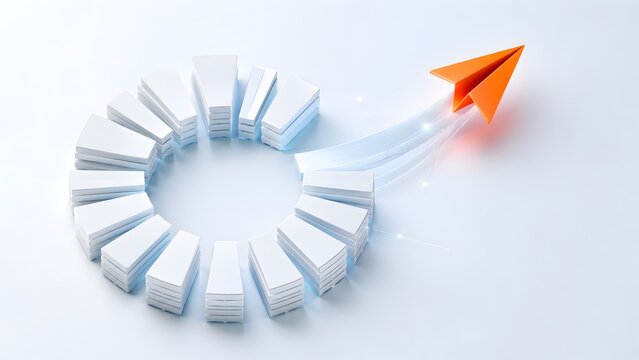 Orange paper airplane breaking away from a circle of white planes symbolizing innovation leadership standing out and creative business strategy