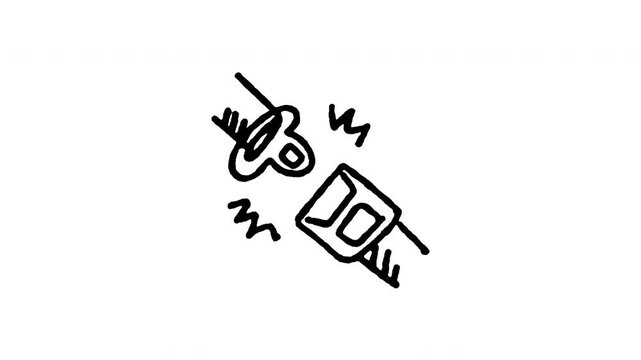 Animated doodle seatbelt buckle mechanism icon with line boil action. Features 4K frame by frame boiling line animation on black and green screen backgrounds for safety lock and passenger strap.