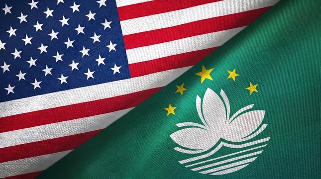 United States and Macao two flags textile cloth, fabric texture