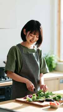 Beautiful Asian Woman Preparing Fresh Vegetables in a Bright Modern Kitchen
