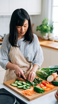 Beautiful Asian Woman Preparing Fresh Vegetables in a Bright Modern Kitchen