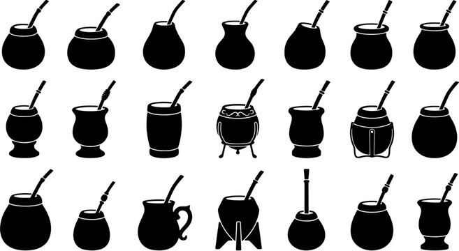 Yerba mate icon set in a flat black silhouette style including traditional gourds, bombilla straws and South American tea accessories.