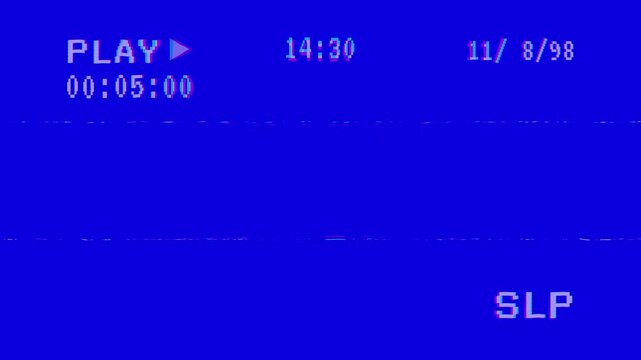 Retro vhs blue screen background with glitch distortion effects and playback overlay, 4k vhs play video
