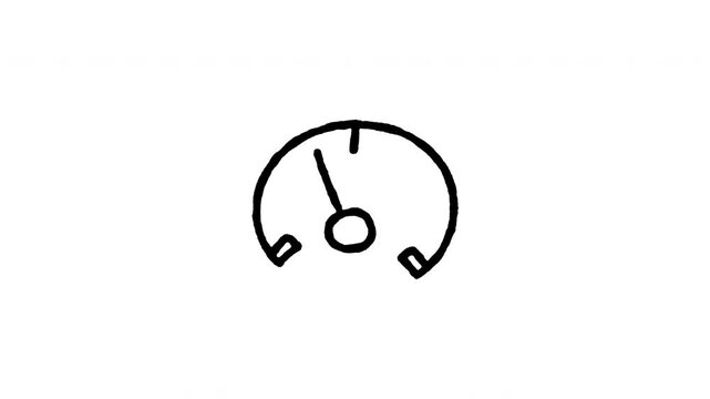 Hand drawn 4K speedometer gauge doodle animation with boiling line effect. Frame by frame outline on black and green screen backgrounds, perfect for odometer, fast driving, and tachometer.