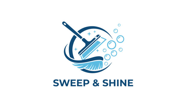 Professional cleaning service company logo with a window squeegee and bubbles representing clean sweep and shine.