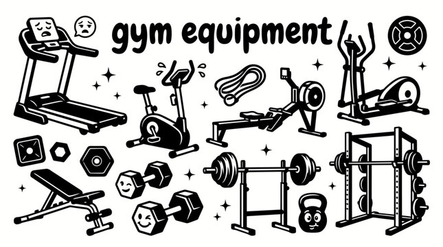 gym equipment featuring treadmills exercise bikes rowing machines elliptical trainers adjustable benches dumbbells barbells squat racks and strength training set for fitness centers sports branding
