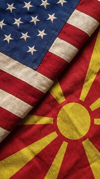 United States and North Macedonia two flags textile cloth, fabric texture