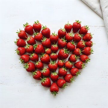 Fresh red strawberries arranged in the shape of a heart on a white wooden background with a cloth napkin in the corner