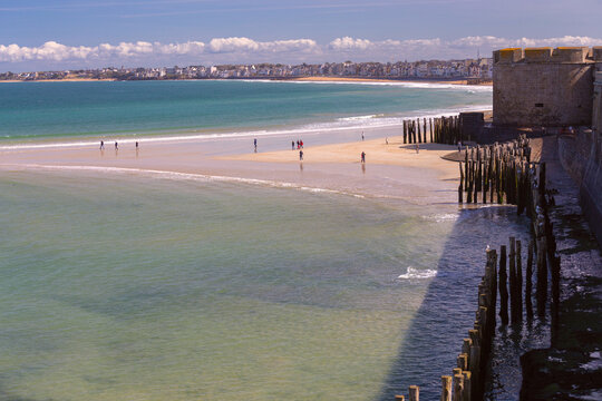 Wooden Breakwaters and Sandy Beach Along the Coast of Saint Malo France