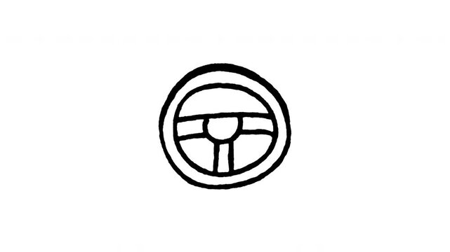 4K animated steering wheel doodle icon featuring boiling line motion. Frame by frame line art on black and green screen chroma key background for car control, driving wheel, and auto interior.