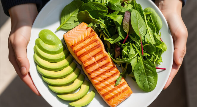 Healthy lunch plate for keto diet. Overhead shot of hands holding plate with grilled salmon, sliced avocado and green salad. Fitness nutrition concept