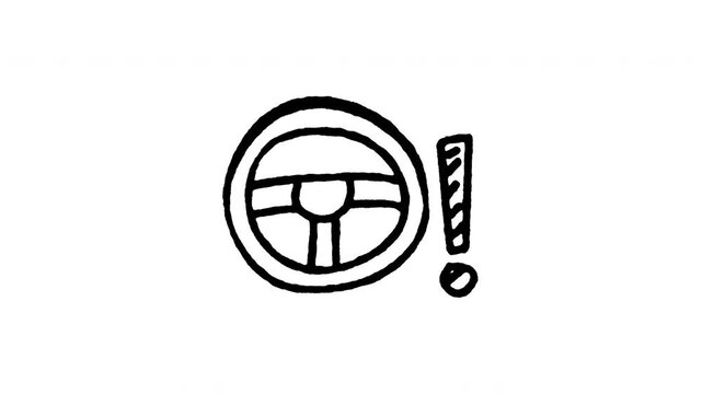 Animated steering wheel lock doodle icon. Features 4K frame by frame boiling line animation on black and green screen backgrounds for security alert, anti-theft system, and locked column edits.