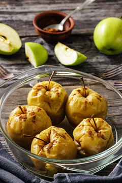 German dessert ofenapfel in a glass baking form