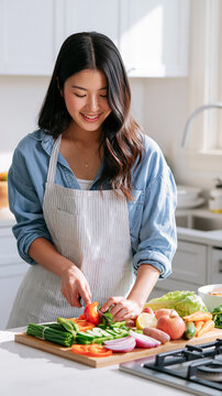 Beautiful Asian Woman Preparing Fresh Vegetables in a Bright Modern Kitchen