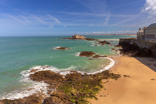 Rocky Coast and Sandy Beach Near Fort National in Saint Malo France