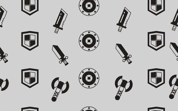 Medieval weapons and armours seamless pattern background. Medieval warrior equipment wallpaper.