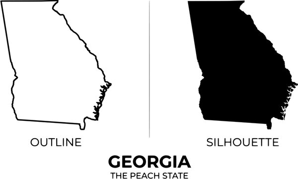 Georgia state map icon set. Outline and solid black silhouette styles. Editable vector illustration on white background.
