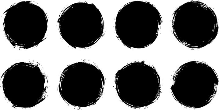 Circle brush stroke icon set. Collection of round distressed black ink shapes in a grunge style. Editable vector illustration on white background.