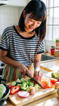 Beautiful Asian Woman Preparing Fresh Vegetables in a Bright Modern Kitchen