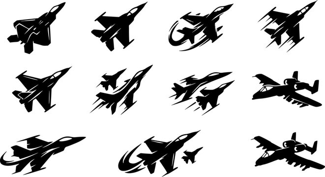 Dynamic fighter jet icon in artistic brushstroke style for aviat
