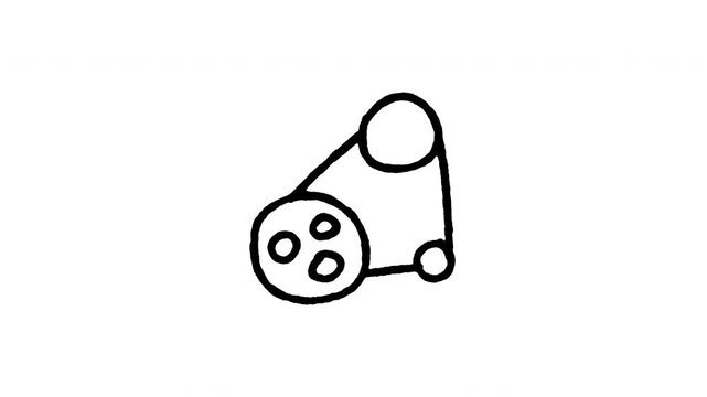Animated 4K timing belt pulley doodle icon with line boil effect. Hand drawn line art on black and green screen backgrounds for engine parts, camshaft drive, mechanics, and belt maintenance.
