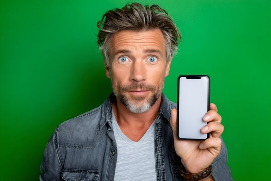 Surprised man showing smartphone with blank screen for mockup